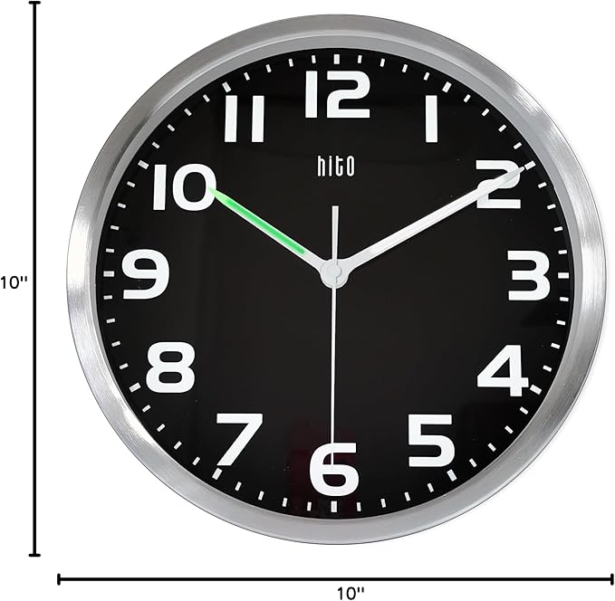 HITO 10 Inch Night Light Wall Clock Battery Operated Brightness Adjustable, Silver Aluminum Frame, Glass Cover(Hands + Numbers Illuminate)