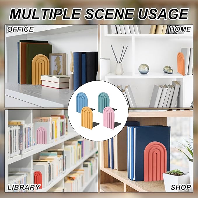 PATIKIL 4Pcs Boho Arch Bookends, Non-Skid Wood Book Ends Rainbow Wooden for Shelves Book Stopper Stand Cute for Holding Books Movie CD Home Office Library Decorative, Yellow/Pink/Blue Tone