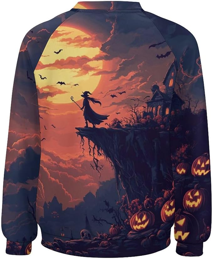 Halloween Sweatshirts for Women Funny and Spooky Print Crewneck Oversized Pullover Outdoor Lounge Fashion Sweater