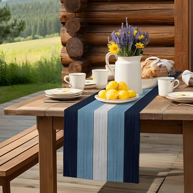 Navy Sky Blue White Table Runner, Farmhouse Cotton Linen Tablecloth Summer Holiday Table Decorations for Home,Kitchen,Dining Room,Indoor,Outdoor,13X60 Inches Long, Retro Rustic Barn Wood Texture