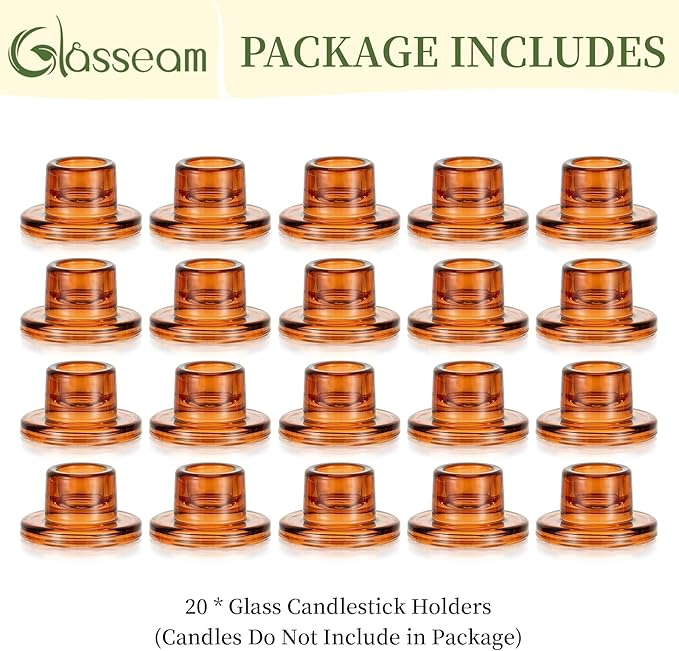 Glasseam Glass Tapered Candlestick Holders: 20Pcs Small Taper Candle Holders Bulk Amber Candle Stick Holder Decor Short for Table Centerpiece Thanksgiving Fall Dining Party Decor Christmas
