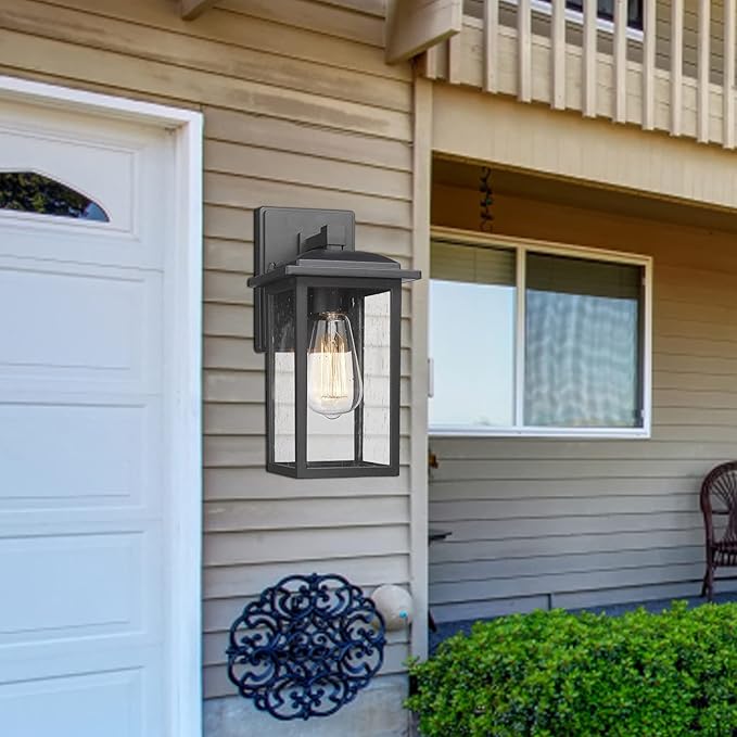 Outdoor Wall Sconce 1 Pack, Exterior Light Lantern Fixture, Porch Lights Lamp Outdoor Wall Mounted in Black Finish with Seeded Glass for House, Garage, Patio, Yard, Garden