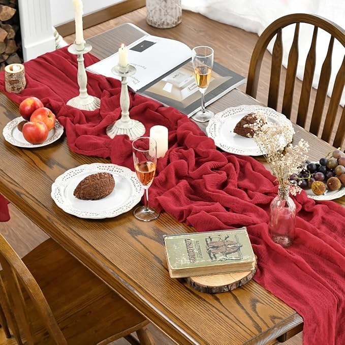 Artoid Mode Boho Cheesecloth Gauze Red Wedding Table Runner, 160 Inch Seasonal Christmas Fabric Kitchen Dining Holiday Table Decor for Home Party Indoor