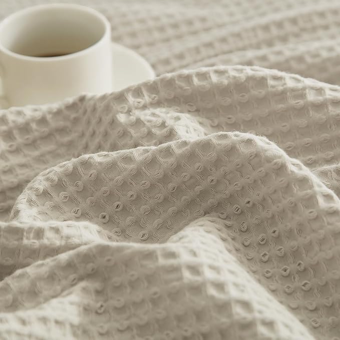 PHF 100% Cotton Waffle Weave Throw Blanket,Pre-Washed Snag Proof Lightweight Breathable Moisture-Wicking for Layering in Cold Weather for Couch Bed,Machine Washable,Home Decor Gift-Linen/Stone