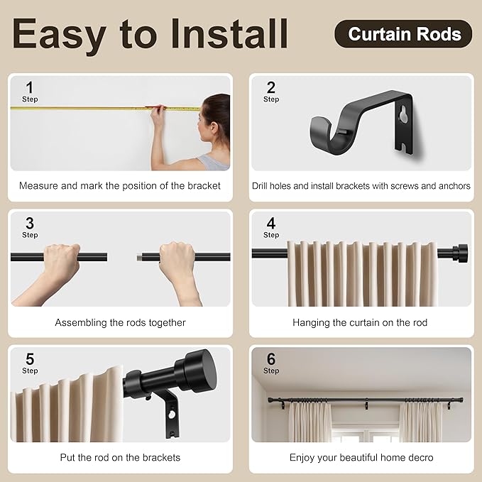 PORTRES Black Heavy Duty Curtain Rods for Windows 66 to 120 Inches Adjustable Length 1" Diameter Curtain Rod with Modern Decorative Finials for Outdoor Farmhouse Bedroom Kitchen Living Room