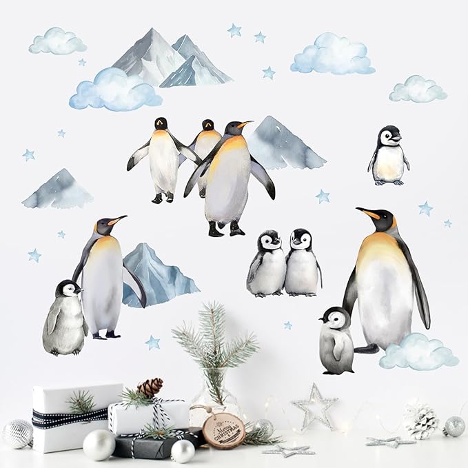 Mfault Winter Penguin Wall Decals Stickers, Snow Mountain Cloud Stars Snowflake Decorations Bedroom Art, Christmas Seasonal Home Living Room Kitchen Decor