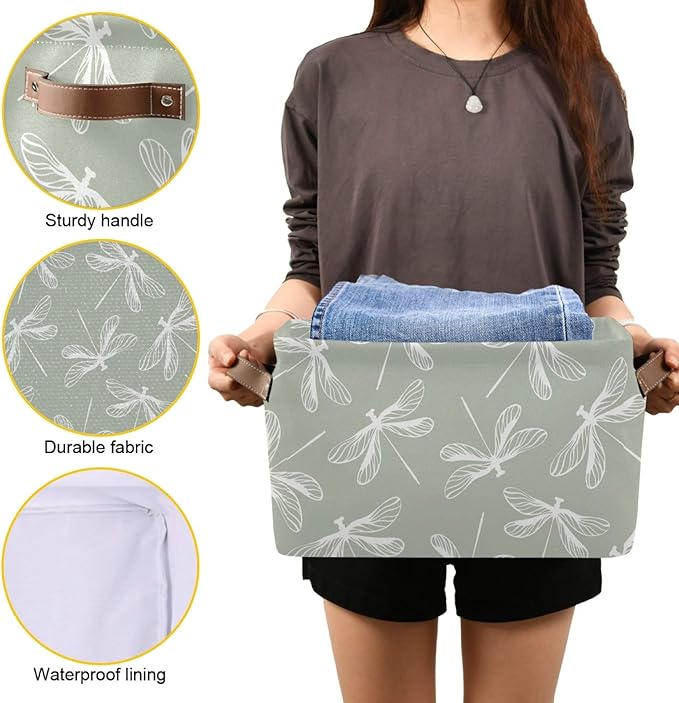 susiyo Large Foldable Storage Bin Dragonflies Fabric Storage Baskets Collapsible Decorative Baskets Organizing Basket Bin with PU Handles for Shelves Home Closet Bedroom Living Room-2Pack