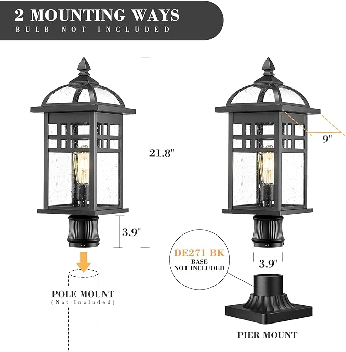 Emliviar 22" Outdoor Post Light, Large Exterior Post Lamp for Garden Backyard, Die-cast Aluminum with Seeded Glass, Black Finish, DE281P-M BK