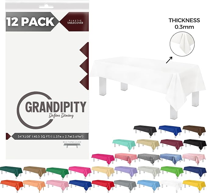 Grandipity 12 Pack Premium Disposable Plastic Tablecloth 54 Inch. x 108 Inch. with 0.3mm Thickness Table Cover - White