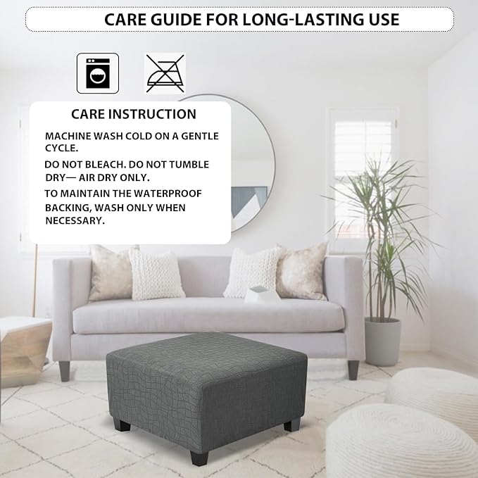 Square Ottoman Cover,Soft Stretch Jacquard Slipcover with Dual Waterproof Layers,Washable Furniture Protector for Pets,Medium,Light Gray