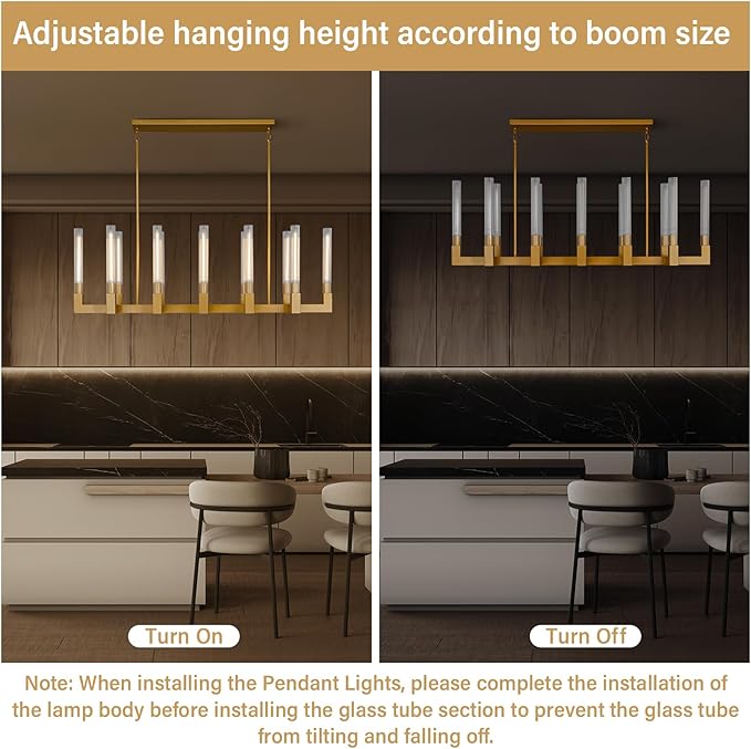 Farmhouse Chandelier with Glass Tube, Gold 12-Lights Modern Chandeliers Over Table 54''Rectangular Luxurious Large Ceiling Pendant Lighting Fixture for Dining Living Room, Foyer