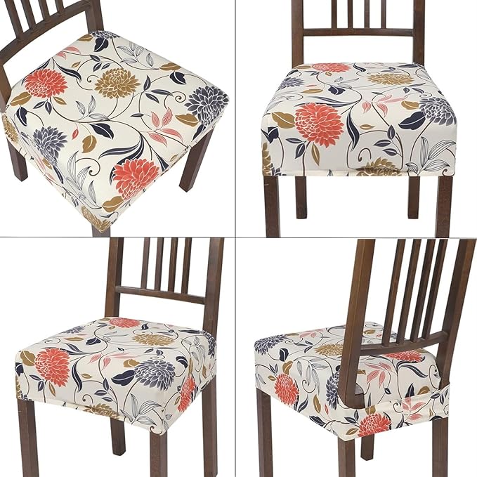 SearchI Stretch Dining Chair Seat Covers Set of 2, Soft Washable Seat Covers for Dining Chairs, Dining Room Seat Cover Protector (Rear-Covered, Orange Flowers)