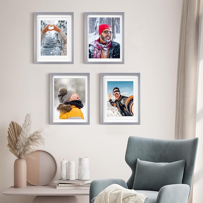 Egofine 12x16 Picture Frames with Plexiglass, Display Pictures 9x12/11x14 with Mat or 12x16 Without Mat Set of 4 for Wall Mounting,Light Grey