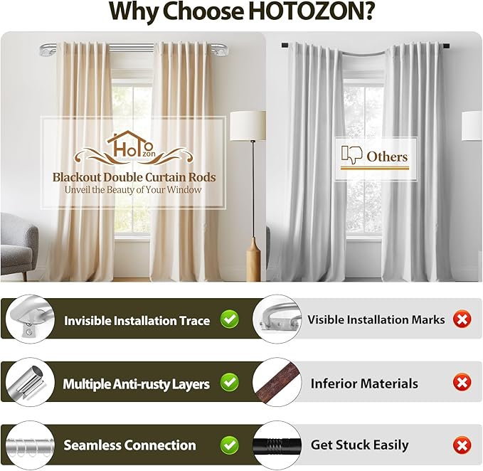Double Curtain Rods 2 Pack 48 to 84 Inches, HOTOZON Blackout Double Curtain Rods for Windows 36 to 80 Inches (3-6.6 ft), 6/8 Inches Wrap Around Room Darkening Telescoping Drapery Rod, Silver