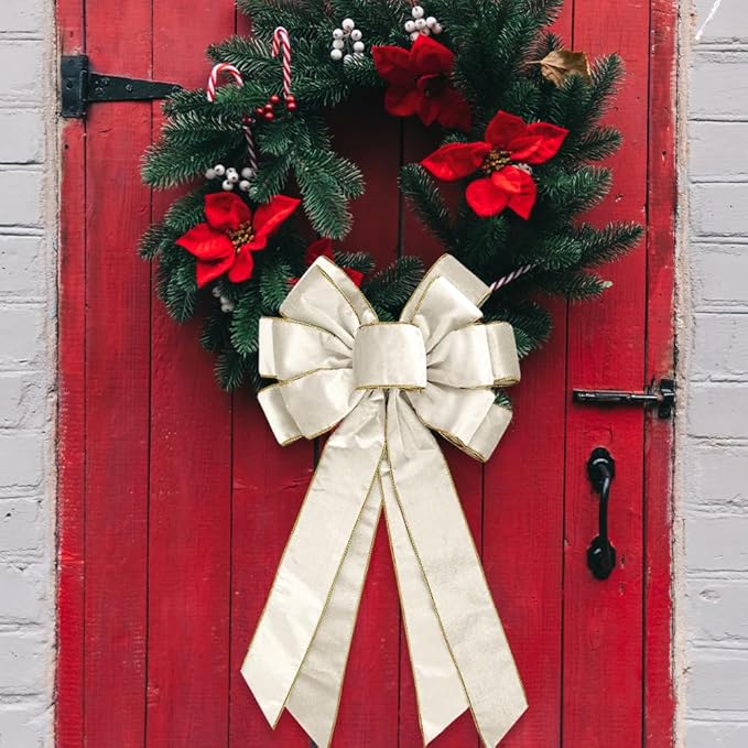 Large Christmas Bow for Wreath 20 * 11inch Vintage White Wreaths Bow Golden Edged White Velvet Tree Topper Ornament Decorative Bows for Xmas Home Outdoor Indoor Party