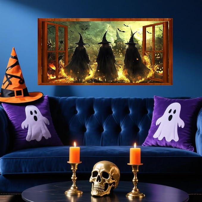 Halloween Witch Wall Stickers 3D Halloween Scene Fake Window Wall Decals Picture Large Holiday Mural Wallpaper Peel and Stick 3D Witches Wall Decor for Bedroom Living Room Home Decoration