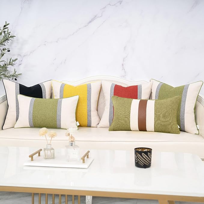 Yangest Patchwork Pillow Cover 20x20 Inch Luxury Cotton and Linen Cushion Cover Faux Leather Pillowcover for Couch Bedroom Living Room, Green
