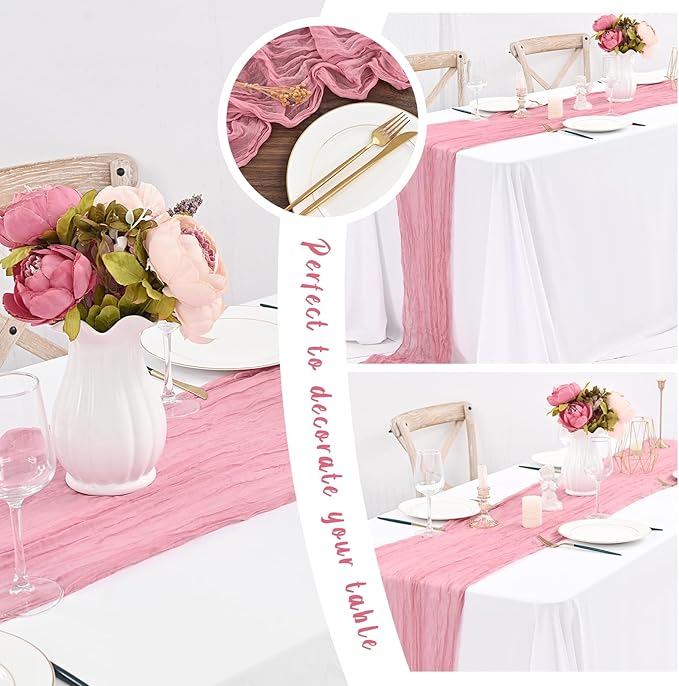 12 Pack Dusty Rose Cheesecloth Table Runner,10FT Gauze Boho Long Christmas Cheesecloth Tablerunners 20x120inch Rustic Cheese Cloth Table Runners for Wedding Party Bridal Shower,Table Decorations