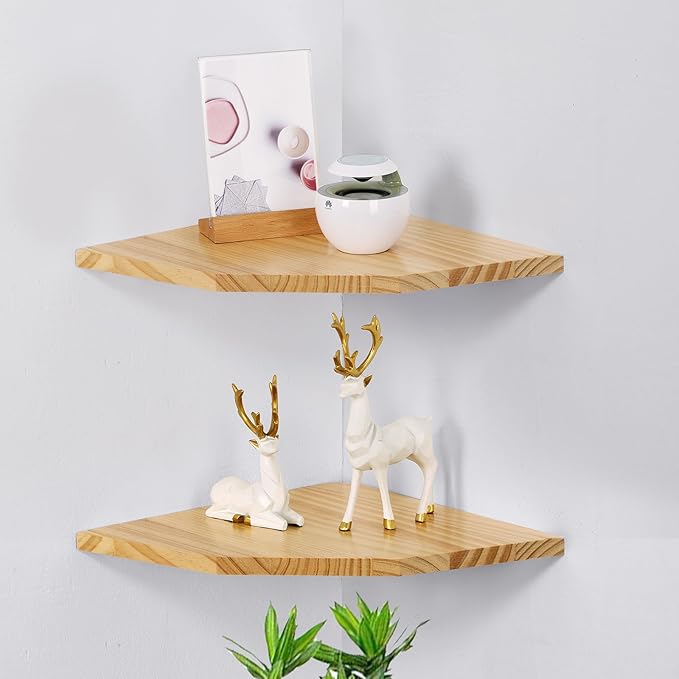 Wood Corner Wall Shelves Set of 2, Solid Wood Corner Floating Shelves, Round End Wall Mounted Floating Corner Shelf for Bedroom, Living Room and Kitchen (12 inch)