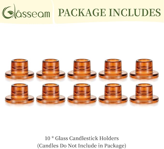 Glasseam Glass Taper Candle Holders: 10Pcs Small Tapered Candlestick Holders Bulk Short Amber Short Candle Sticks Holder Decor for Table Centerpiece Vintage Thanksgiving Christmas Fall Dinner Party