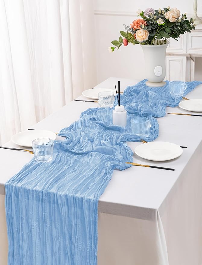 10 Pack Baby Blue Cheesecloth Table Runner,10FT/120 Inch Boho Gauze Fabric Table Runner,Rustic Sheer Light Blue Cheese Cloth Runner Bulk for Wedding,Bridal Baby Shower,Birthday Party,Table Decor