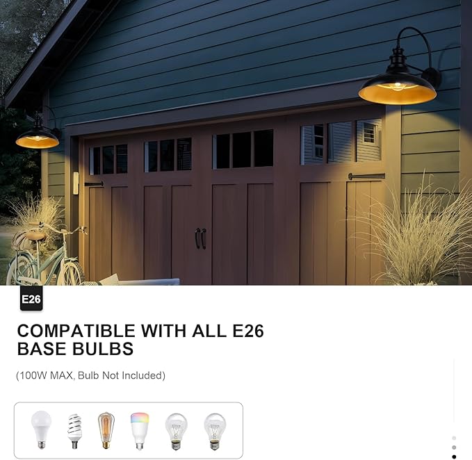 Dusk to Dawn Sensor Outdoor Barn Light Fixtures, 16 Inch Dome Farmhouse Outdoor Wall Sconces, Rustic Exterior Wall Mount Lights, Industrial Black Gold Wall Lanterns for Porch, 2 Pack