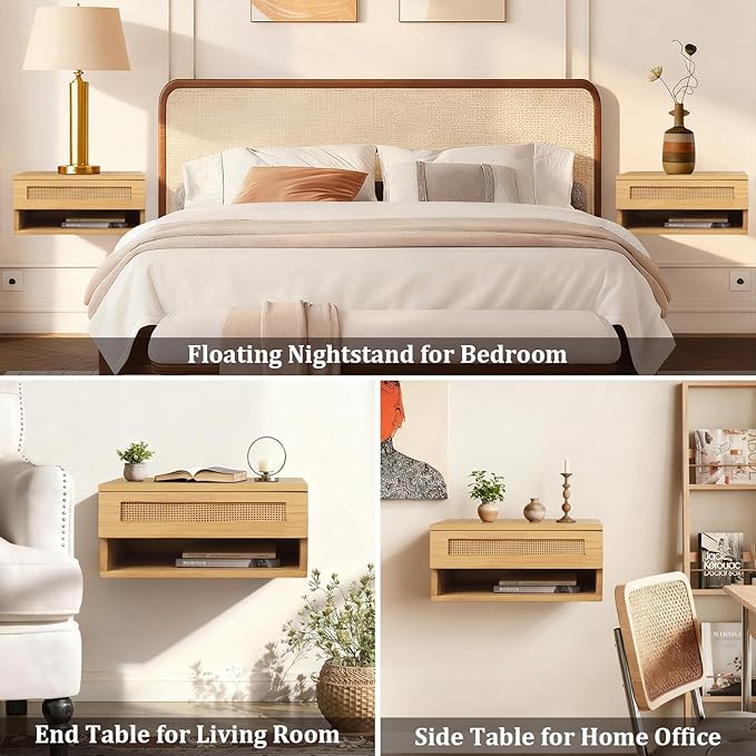 Floating Nightstand, Wall Mounted Rattan Bedside Bedroom with Drawer Nightstand, Small Floating Shelves, Floating Wood Bedside Table for Living Room Bathroom Natural 16”x 10”x 8”