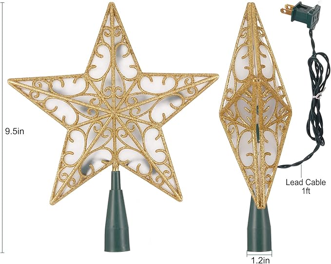 Christmas Star Tree Topper, 9.5 in Plug in Golden Glittered 3D Star Tree Topper, Metal Hollow Designed Built-in 10 Bulbs String Lights for Indoor Office Christmas New Year Holiday Tree Decoration