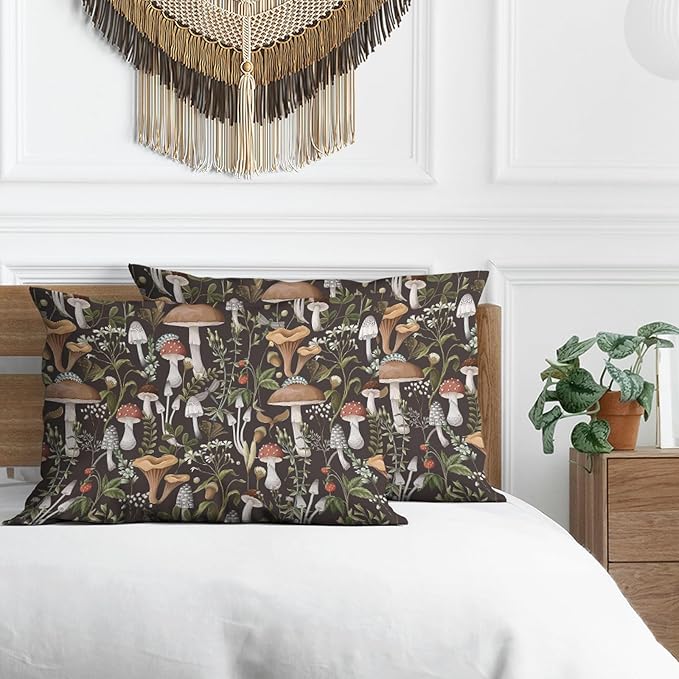 Moody Botanical Pillow Protectors with Zipper Standard Size Dark Academia Mushroom Strawberry Print Pillow Covers Set of 2 Rustic Nature Plant Pillow Cases Black Bed Pillow Covers 12"x24"