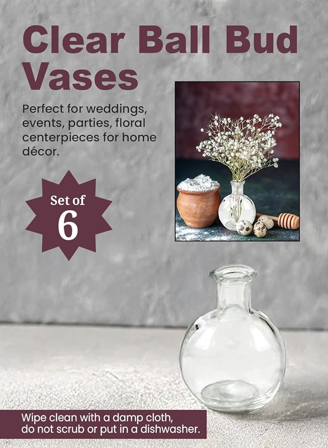 Serene Spaces Living Set of 36 Clear Ball Bud Vases, Transparent Glass Vases for Weddings, Events, Parties, Floral Centerpieces for Home Decor, Measures 4" Tall