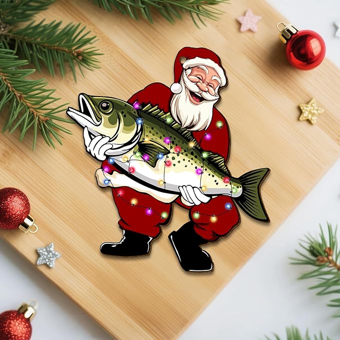 Santa Clause Holding a Fish Christmas Tree Keepsake Ornaments, Fishing Themed 2 Side Printed Flat Wooden Ornament, Xmas Hanging Decor
