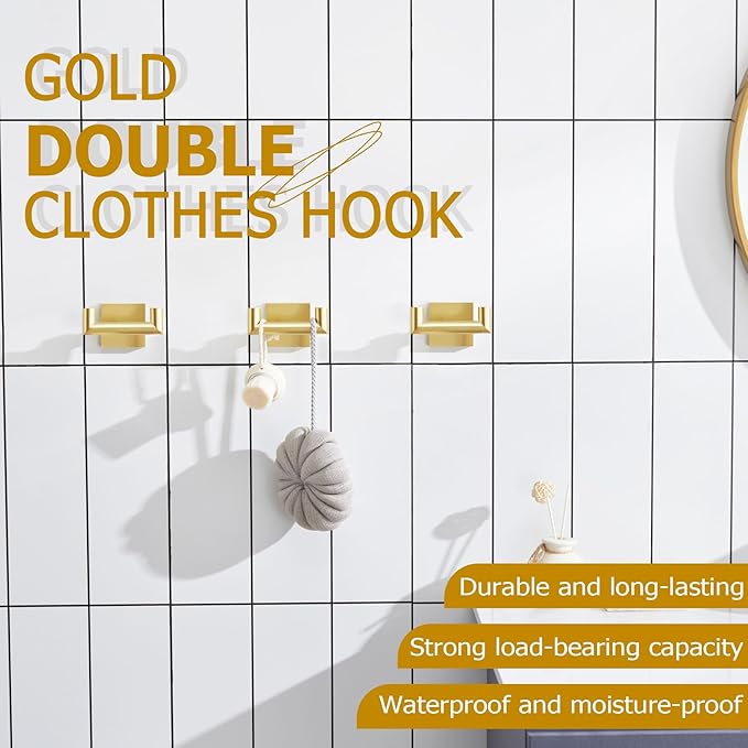 KOKOSIRI Robe Hooks Bathroom Double Towel Coat Hook for Bath Kitchen Wall Mounted, 3 Pack Brushed Gold Stainless Steel B1015BG-P3