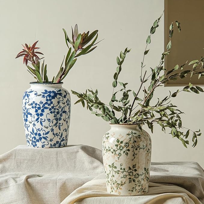 Vintage Pastoral Green and Beige Vase, Round Ceramic Floral Vases, Retro Ice Cracked Chinoiserie Vase for Home Decor, Living Room, Bookshelf, Office, Rustic Table Centerpiece 7.8 Inch