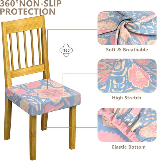 Stretch Dining Chair Seat Covers Set of 6,Dining Chair Slipcovers, Floral Printed Chair Covers,Soft Fabric Washable Upholstered Chair Seat Protector, No Rear Covers for Home Kitchen Dining Room