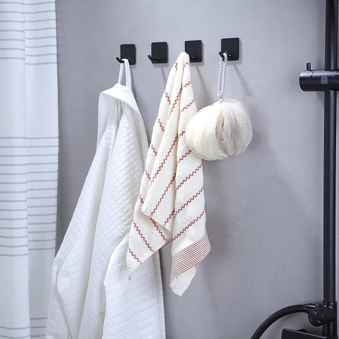 YIGII Adhesive Towel Hooks - 4 Pack Towel Hooks for Hanging Robes Coat Hooks Stick on Wall Hooks Stainless Steel, Matte Black
