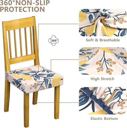 Stretch Dining Chair Seat Covers Set of 2,Dining Chair Slipcovers, Floral Printed Chair Covers,Soft Fabric Washable Upholstered Chair Seat Protector, No Rear Covers for Home Kitchen Dining Room