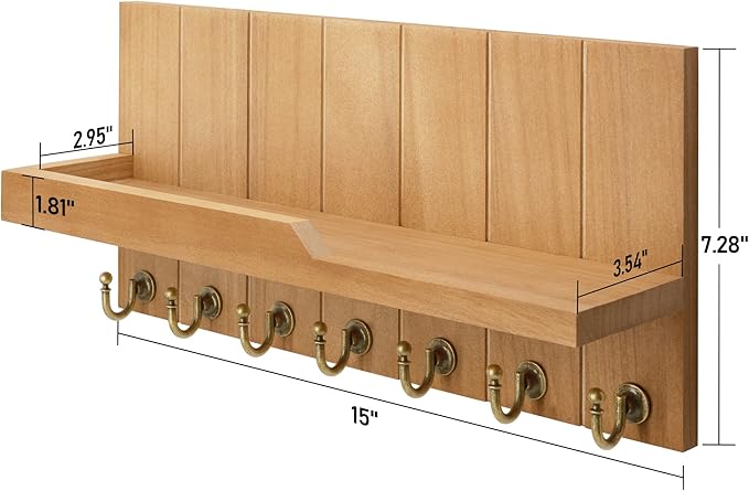 Rebee Vision Decorative Key Holder for Wall Shelf - Farmhouse Wood Wall Hanging Mail Organizer with 7 Sturdy Key Hooks for Home Entryway Decor - Stylish Key Racks (Light Brown,15-inch)