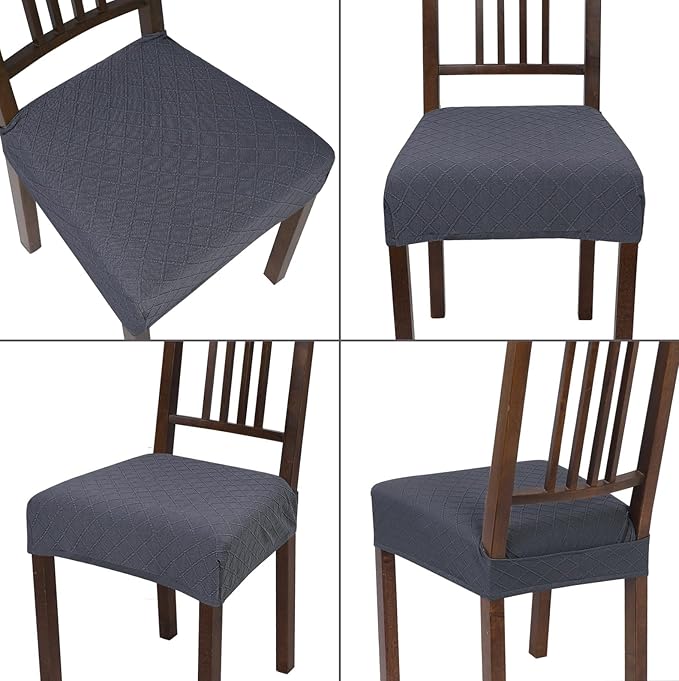 SearchI Stretch Dining Chair Seat Covers Set of 6, Soft Removable Washable Seat Covers for Dining Chairs, Dining Room Seat Cover Protector (Rear-Covered, Check Jacquard Grey)