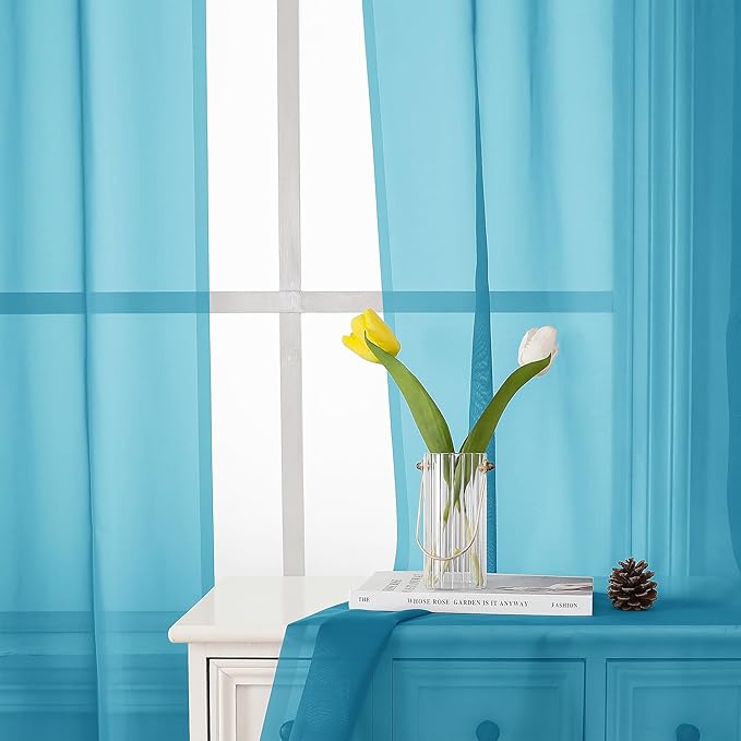 Lecloud Turquoise Sheer Curtains 54 Inch Length 2 Panels, Light Filtering Voile Curtain Drapes for Kitchen Bedroom Small Windows, Dual Rod Pocket Living Room Sheer Curtains, 40 W x 54 L Inches
