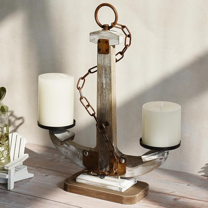 Wooden Anchor Candle Holder for 2 Candles,Rustic Candlestick Stand for Table Centerpiece ,Tall Candlestick with Unique Anchor Design for Home, Nautical,Beach & Lake House Decor(Brown)