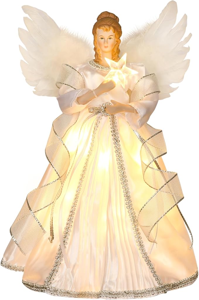 HMASYO Christmas Tree Topper Angel with Timer Lights, 12" Angel Tree Toppers with White Feather Wings, Star Light, Remote Control and USB Power Xmas Treetop Decor for Indoor Office Holiday Party
