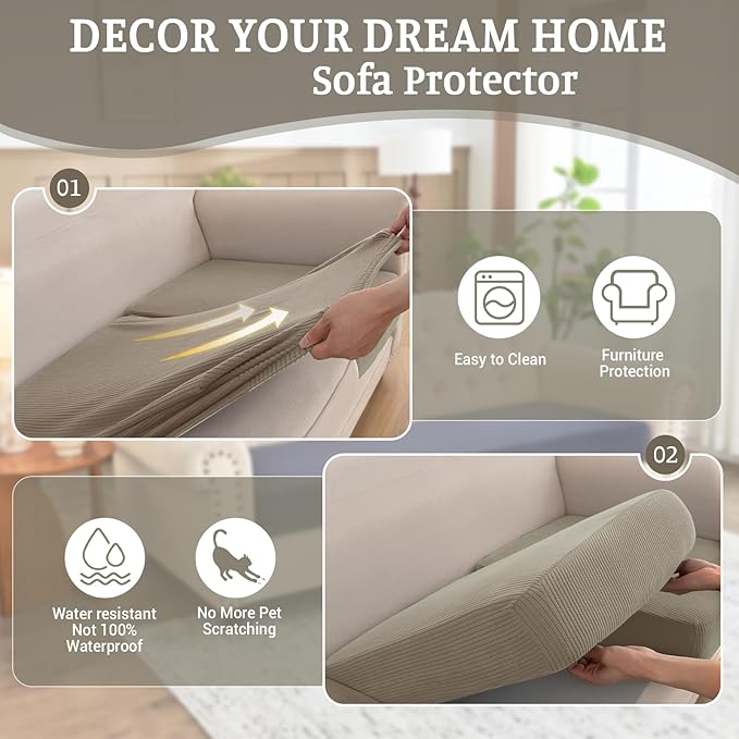 Sectional Couch Covers for Sofa Cushion L Shaped Couch Cover Washable Soft Couch Cushion Covers Stretch Sofa Slipcovers with 2 Pcs Pillowcases(3-Piece 2 Seater + 1 Chaise, Khaki)