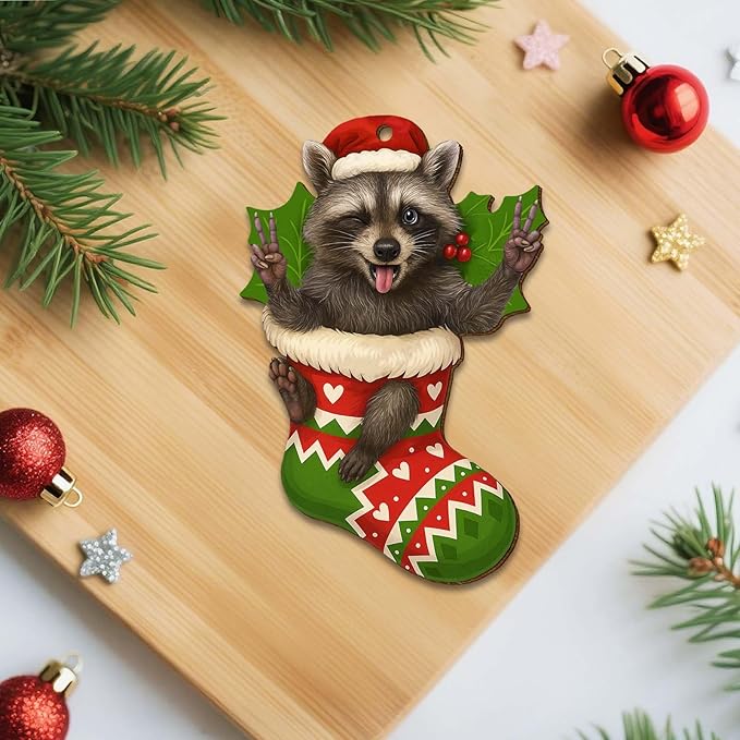 2 Side Printed Flat Christmas Wooden Ornaments, Animal Keepsake Hanging Tree Decoration, Sock Raccoon Ornament