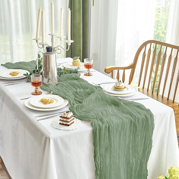 IVAPUPU 6 Pcs Cheesecloth Table Runner - 10ft Sage Green Boho Gauze Cheese Cloth Table Runners for Baby Shower Decoration Wedding Party Summer Garden Farmhouse