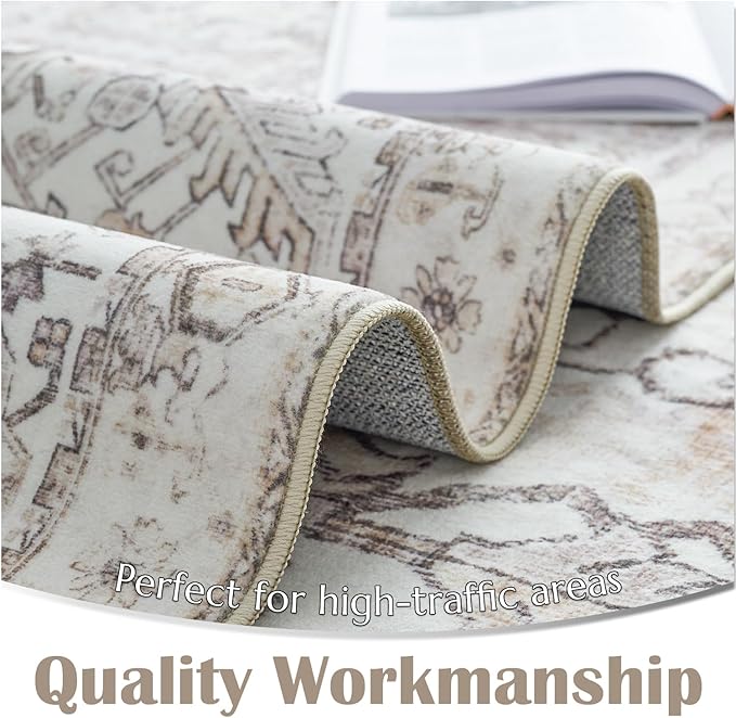 jinchan Lima Hallway Runner Rug 2x10 Washable - Vintage Floral Non Slip Low-Pile Soft Ultra-Thin Faux Wool Kitchen Rug Distressed Carpet Runner for Farmhouse Bedroom Laundry (2x10ft, Taupe)
