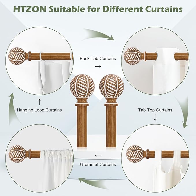2 Pack Wood Curtain Rods 48 to 84 Inch,1 Inch Boho Adjustable Curtain Rod,Imitation Wood Grain Leaf Window Curtains Rods,Farmhouse Rustic Heavy Duty Drapery Poles,Brown Drapery Rod Set 36-88"