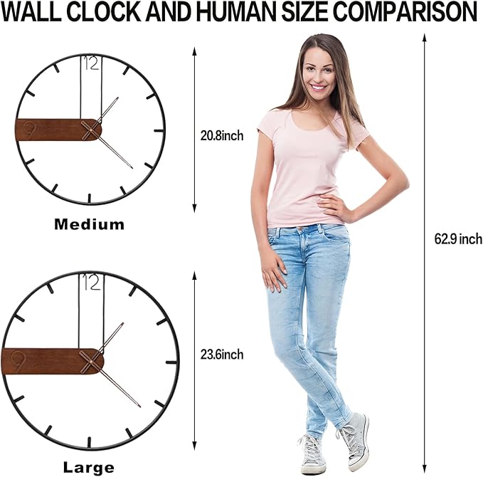 YISITEONE Large Wall Clock for Living Room Decor, Modern Walnut Dial Metal Frame Wall Decor Silent Non Ticking Clocks for Bedroom, Study, Office Decorations, Gift idea, 20.8''