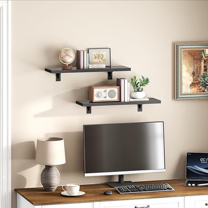 HOOBRO Floating Shelves for Wall, 15.4" Wall Mounted Shelves Set of 2, Hanging Storage Shelf with Metal Brackets, Wooden Shelf for Living Room, Bedroom, Bathroom, Black BK42BJP201G1