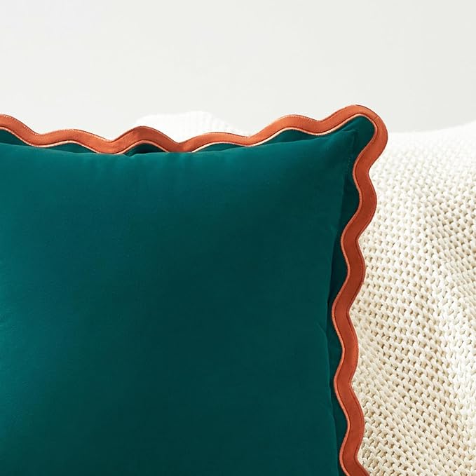MONDAY MOOSE Decorative Throw Pillow Covers Cushion Cases, Set of 2 Soft Velvet Scalloped Wavy Edge Designs, Mix and Match for Home Decor, Pillow Inserts Not Included (22x22 inch, Coral/Dark Teal)