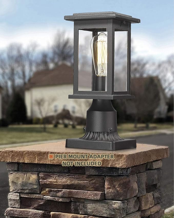 Outdoor Post Light Fixtures, HWH Exterior Pillar Lantern Pole Lamp in Matte Black Finish with Clear Glass Shade, 5HD37P BK